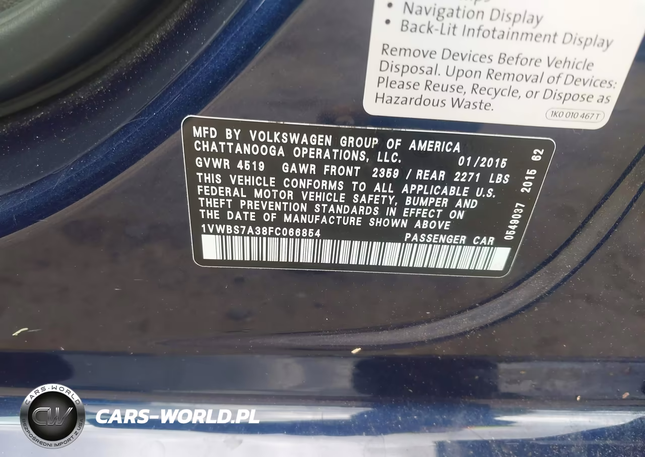 2015 Volkswagen Passat 1.8T Se VIN:1VWBS7A38FC066854 - 9