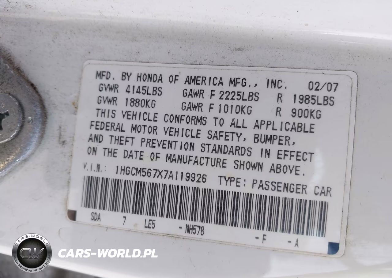 2007 Honda Accord 2.4 Ex VIN:1HGCM567X7A119926 - 9