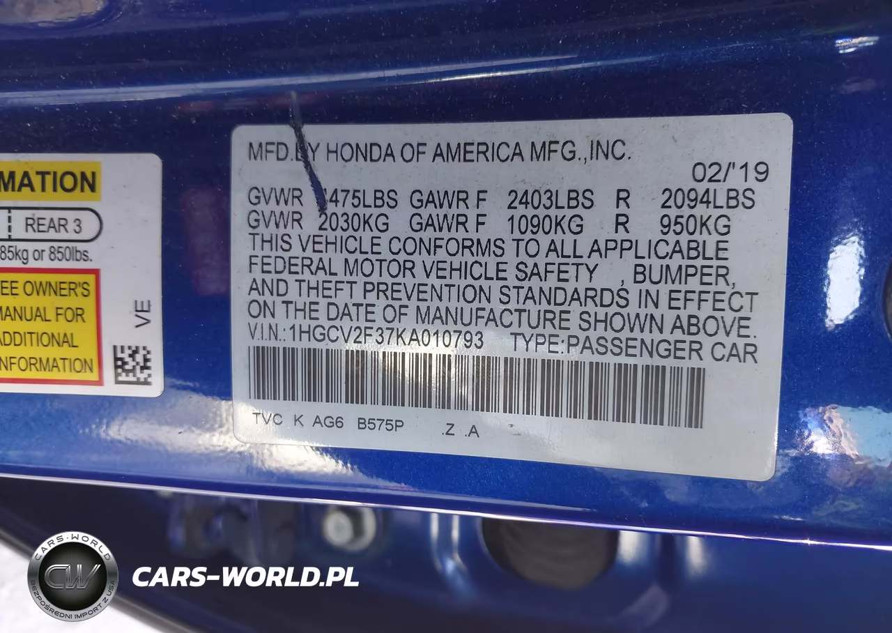 2019 Honda Accord Sport 2.0T VIN:1HGCV2F37KA010793 - 9
