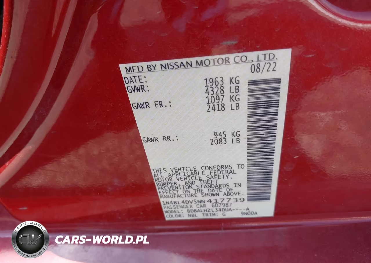 2022 Nissan Altima Sv Fwd VIN:1N4BL4DV5NN417739 - 9