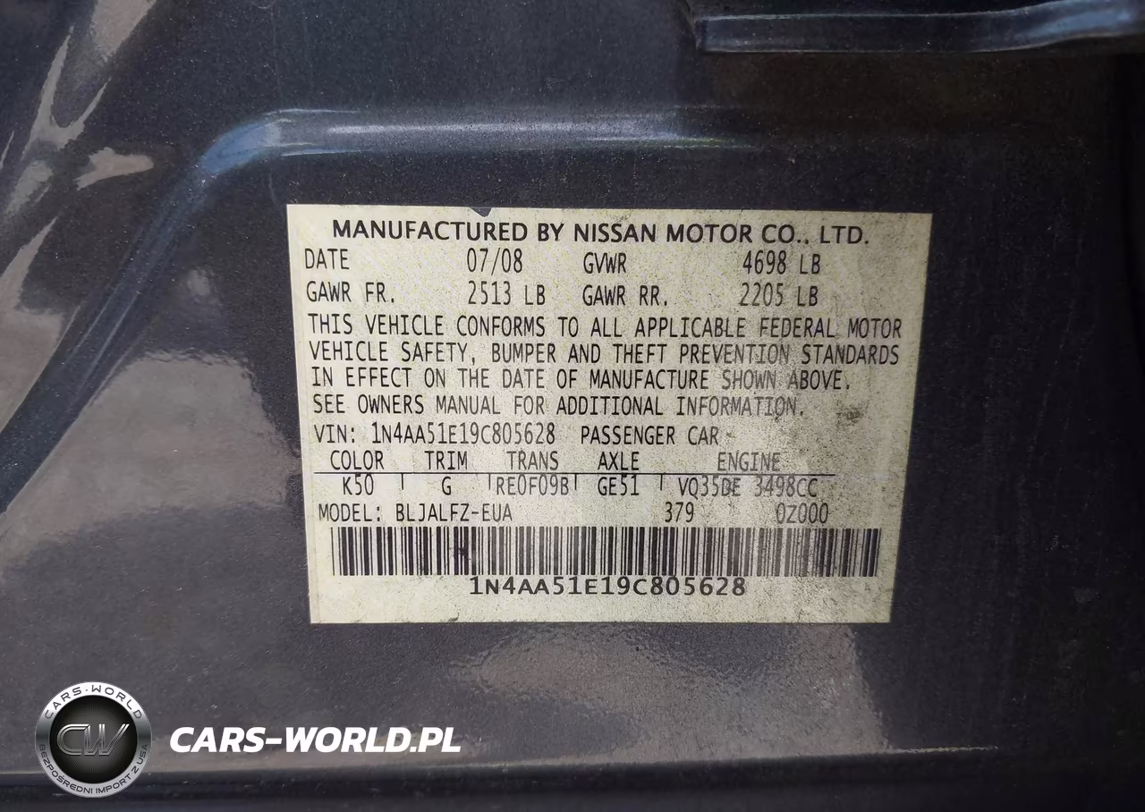 2009 Nissan Maxima 3.5 Sv VIN:1N4AA51E19C805628 - 9