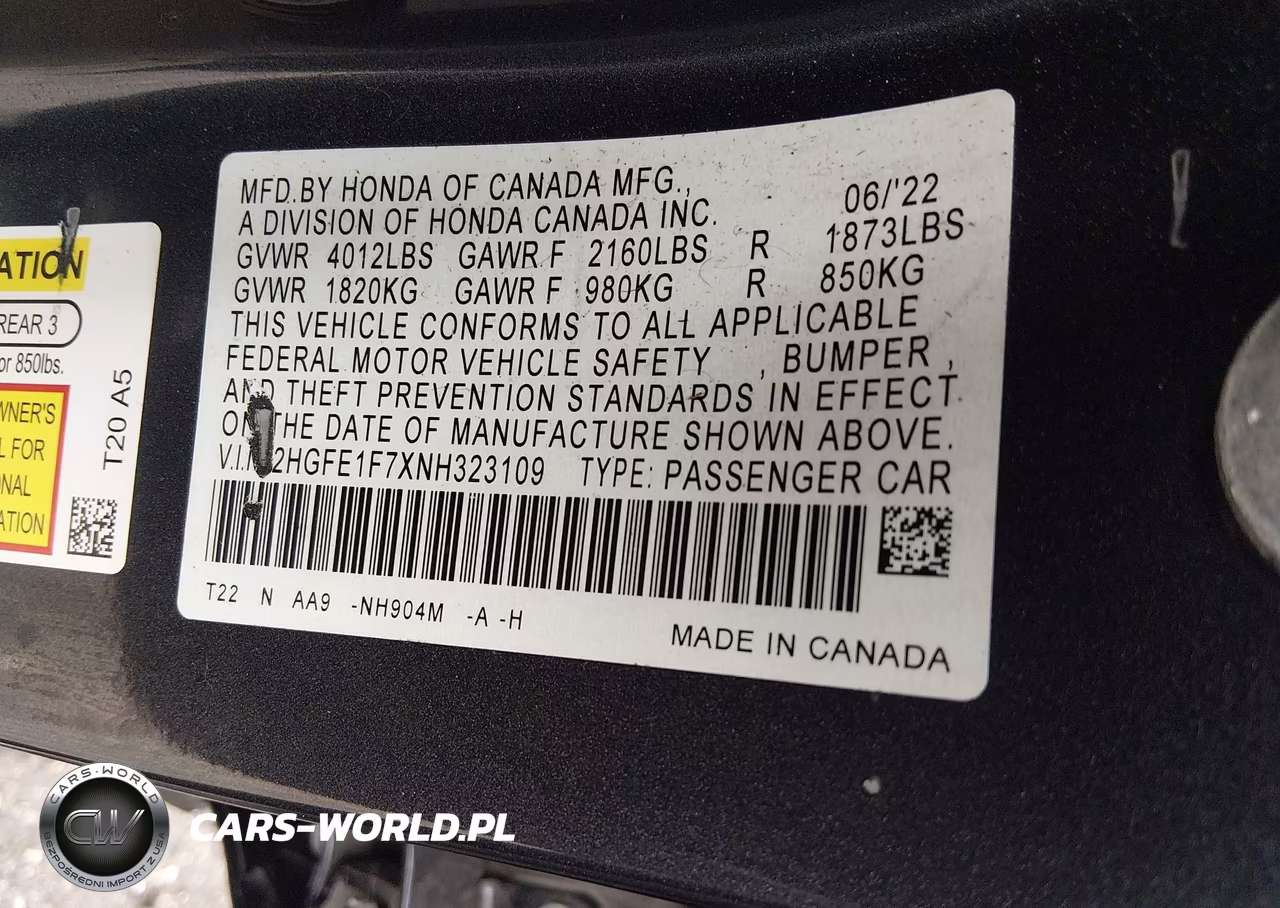 2022 Honda Civic Ex VIN:2HGFE1F7XNH323109 - 9