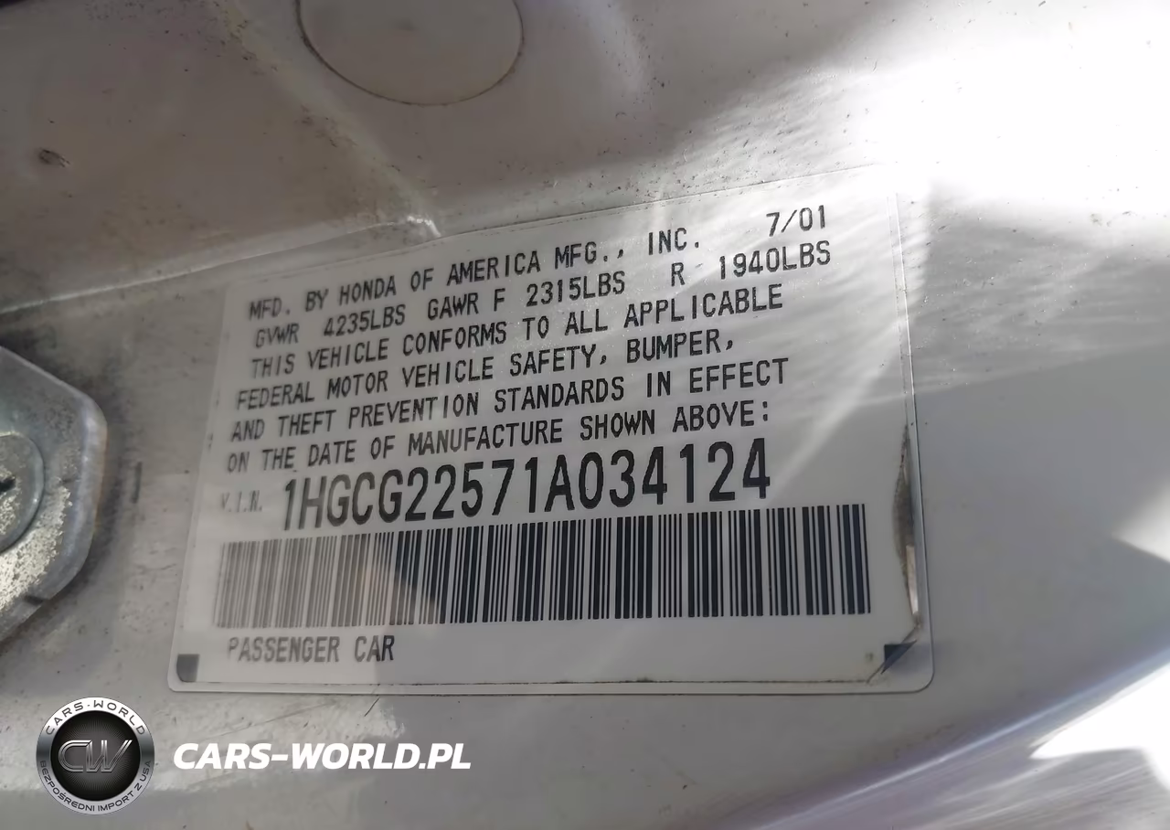 2001 Honda Accord 3.0 Ex VIN:1HGCG22571A034124 - 9