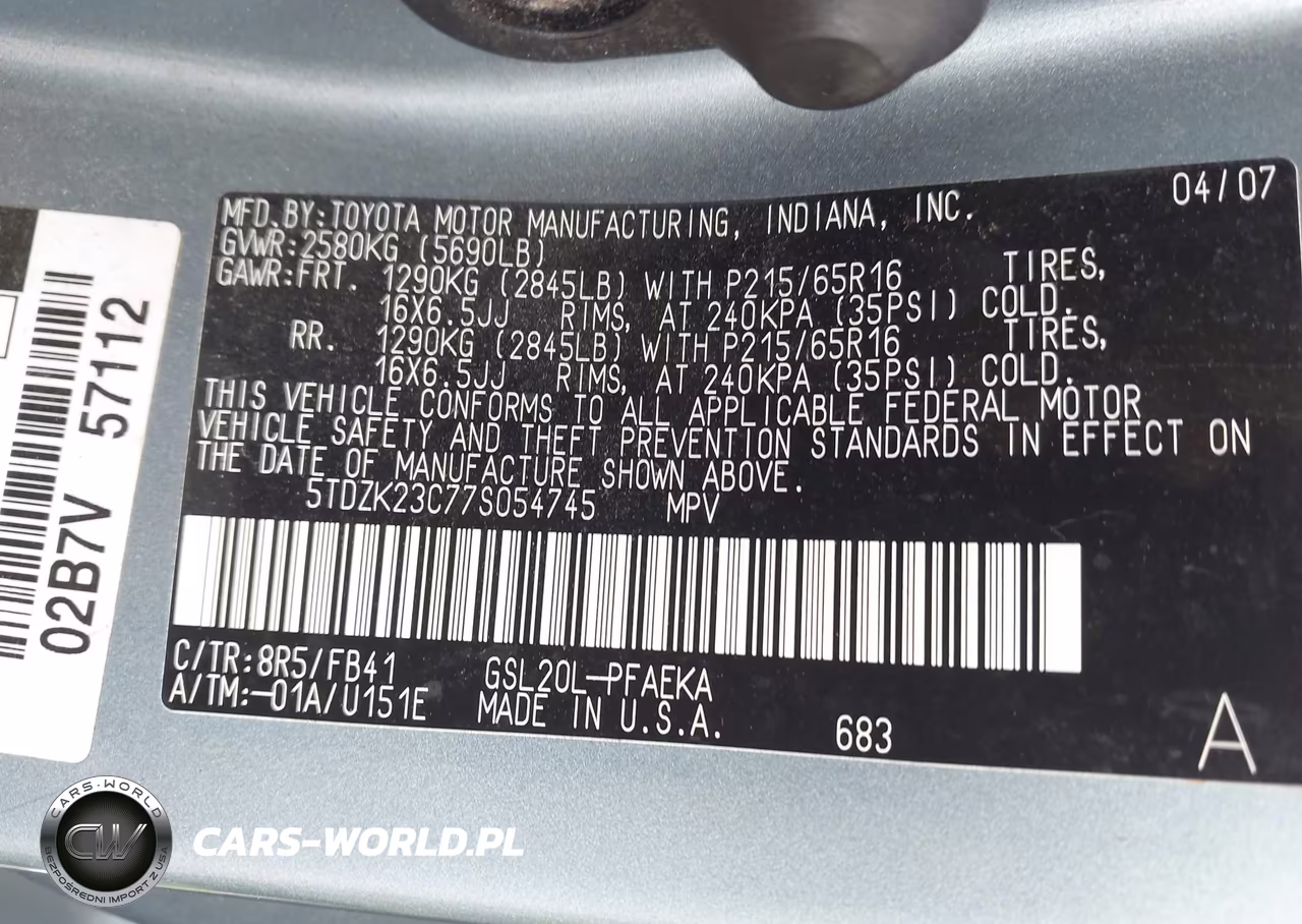 2007 Toyota Sienna Ce VIN:5TDZK23C77S054745 - 9