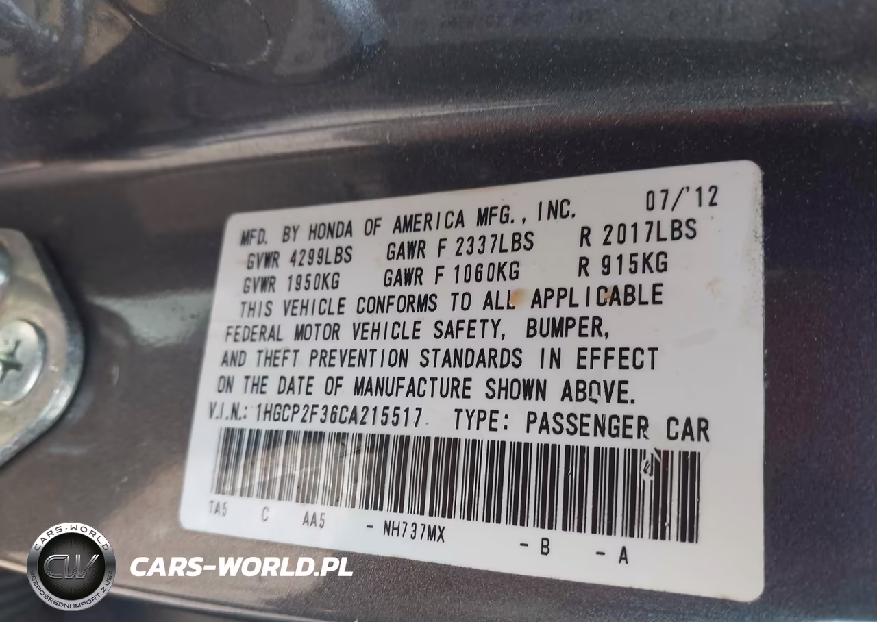 2012 Honda Accord 2.4 Lx VIN:1HGCP2F36CA215517 - 9