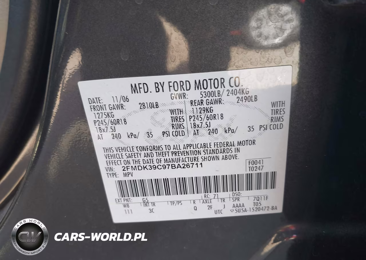 2007 Ford Edge Sel Plus VIN:2FMDK39C97BA26711 - 9