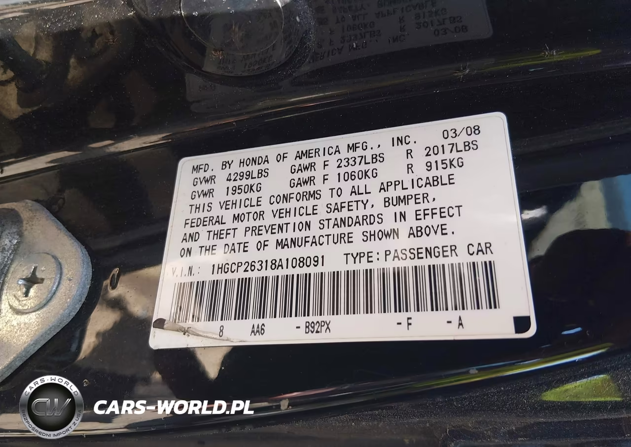 2008 Honda Accord 2.4 Lx VIN:1HGCP26318A108091 - 9