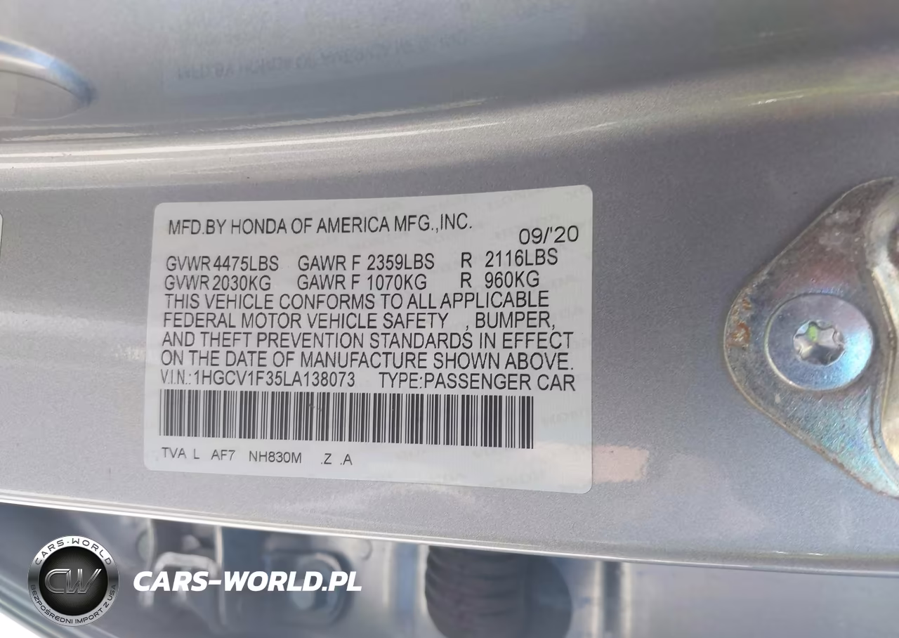 2020 Honda Accord Sport VIN:1HGCV1F35LA138073 - 9