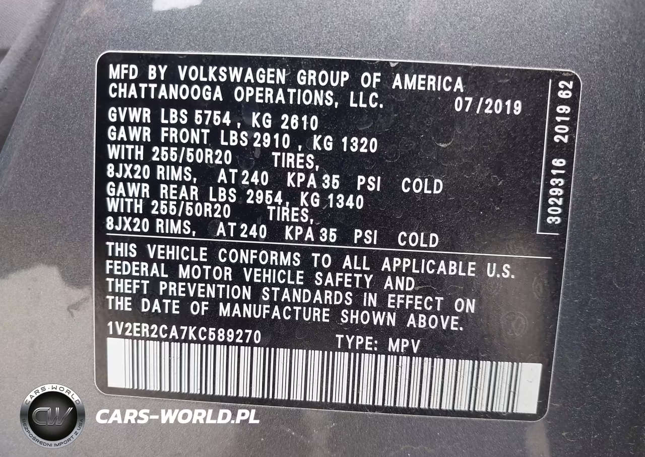 2019 Volkswagen Atlas 3.6L V6 Sel VIN:1V2ER2CA7KC589270 - 9