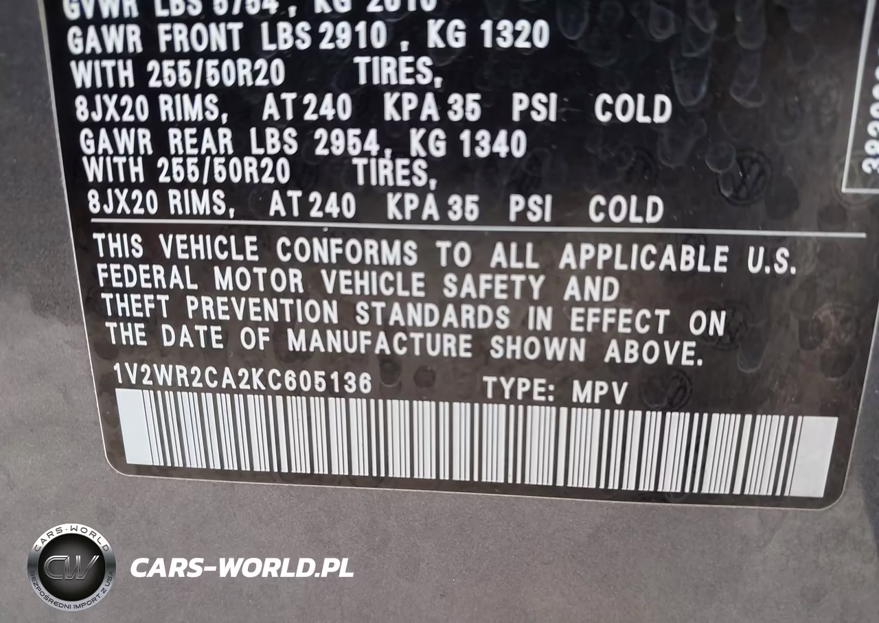 2019 Volkswagen Atlas 3.6L V6 Se W-Technology VIN:1V2WR2CA2KC605136 - 9