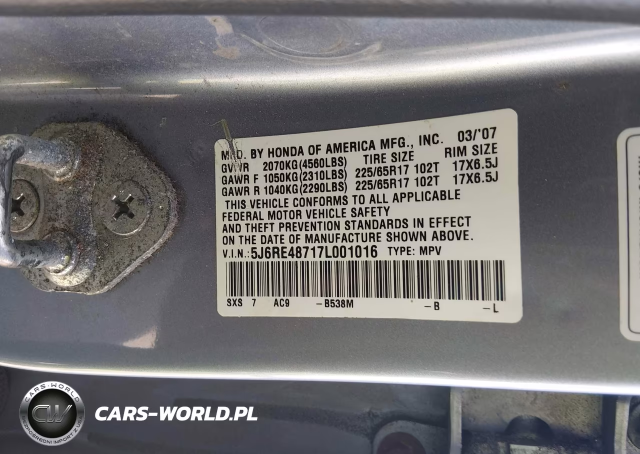 2007 Honda Cr-V Ex-L VIN:5J6RE48717L001016 - 9