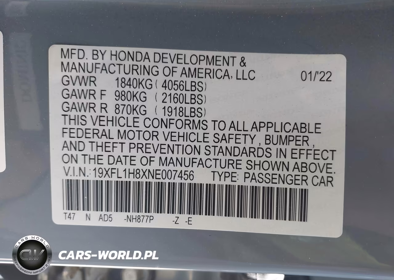 2022 Honda Civic Sport Touring VIN:19XFL1H8XNE007456 - 9