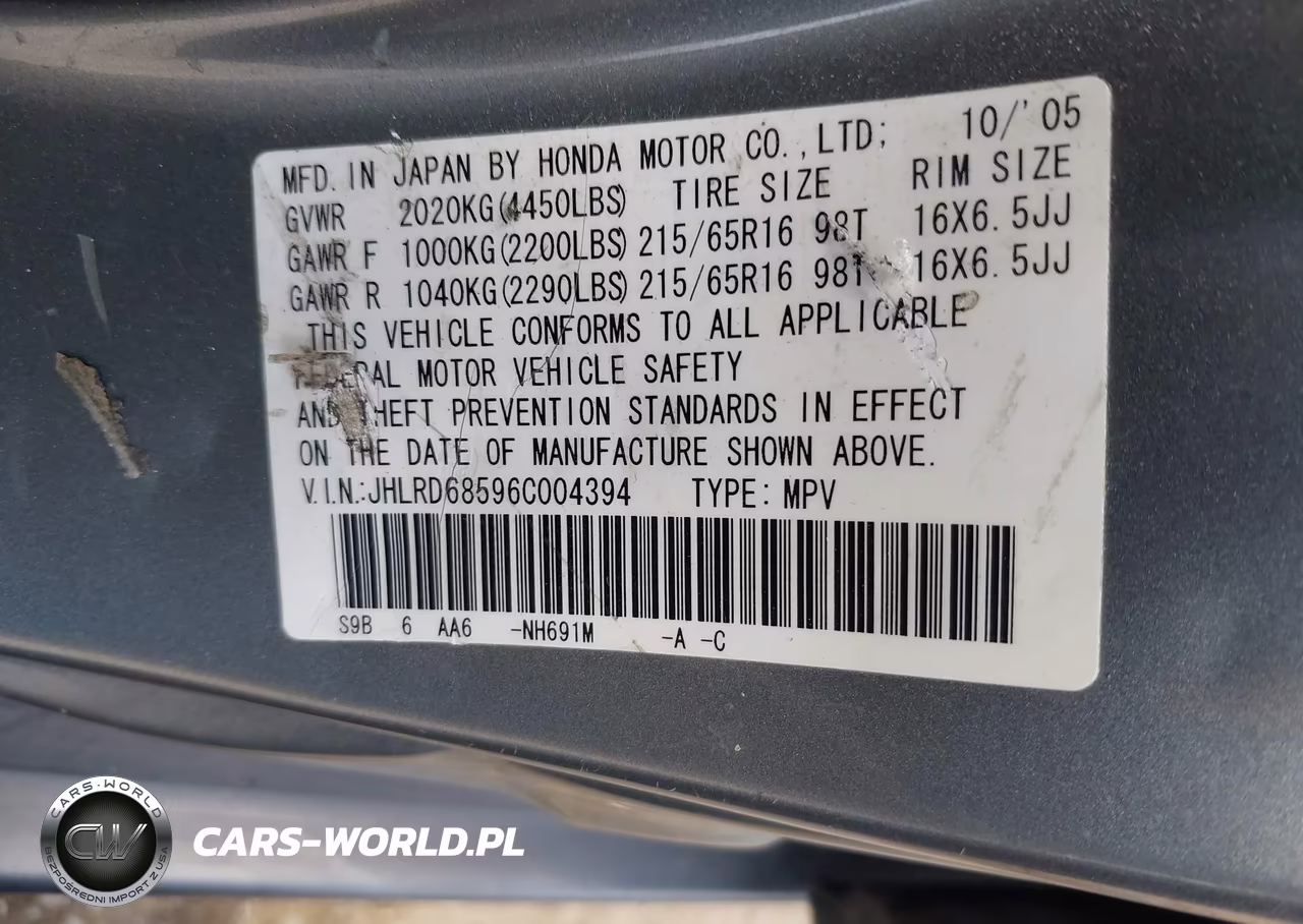 2006 Honda Cr-V Lx VIN:JHLRD68596C004394 - 9