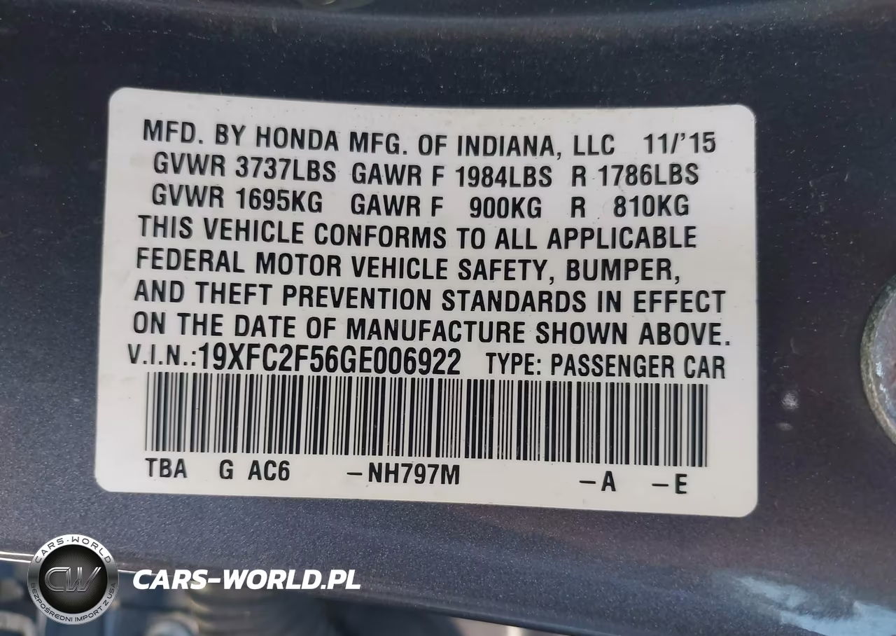 2016 Honda Civic Lx VIN:19XFC2F56GE006922 - 9