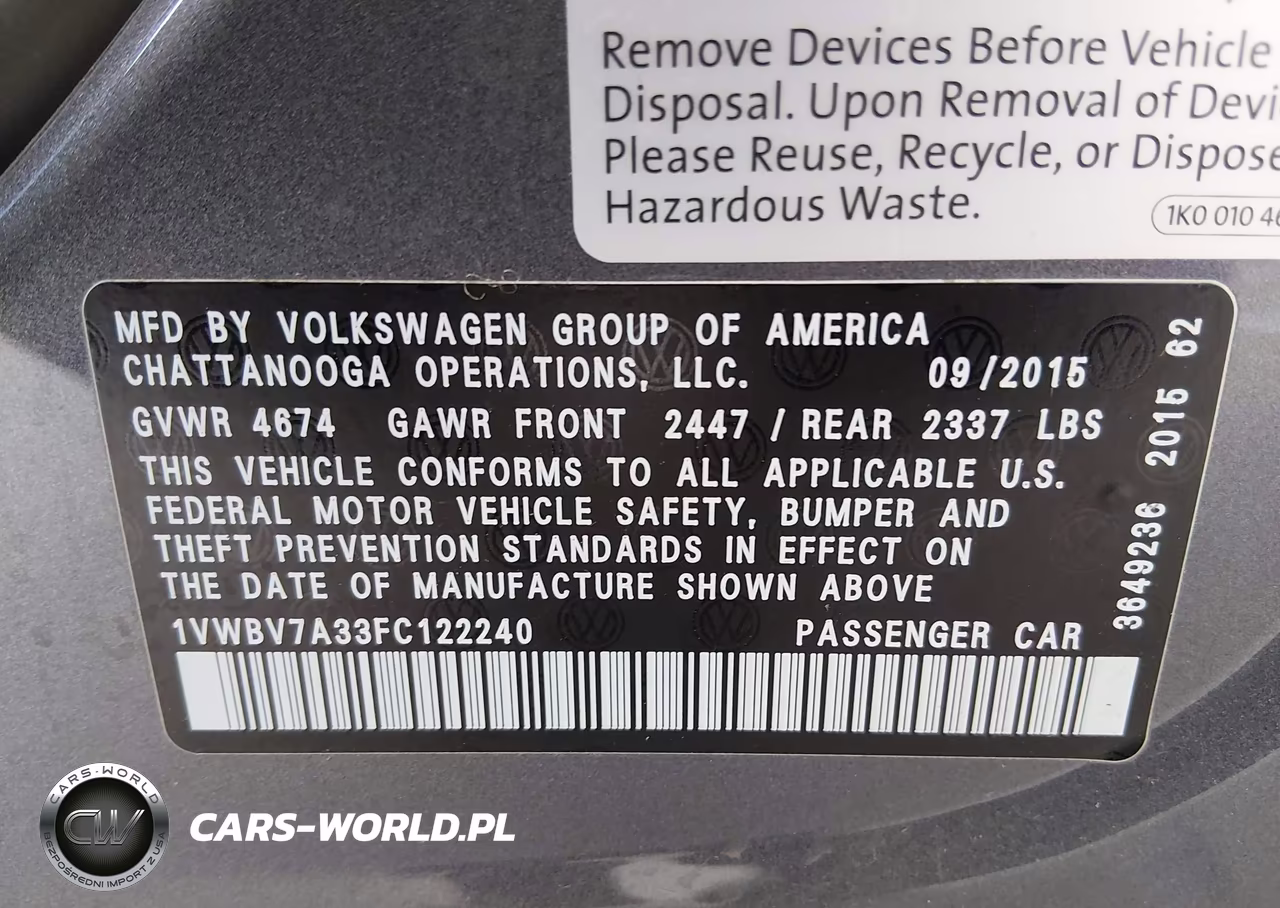 2015 Volkswagen Passat 2.0L Tdi Se VIN:1VWBV7A33FC122240 - 9