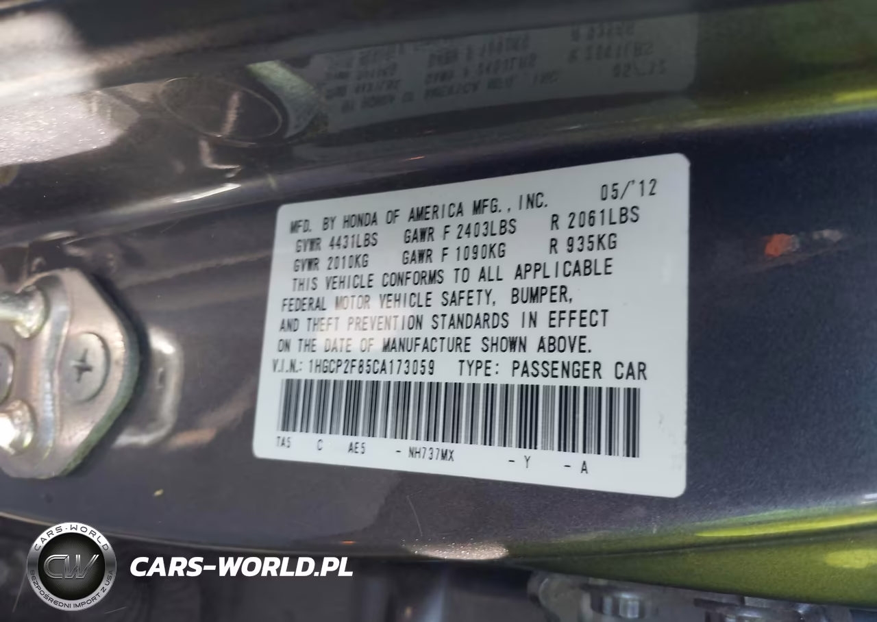 2012 Honda Accord 2.4 Ex-L VIN:1HGCP2F85CA173059 - 9