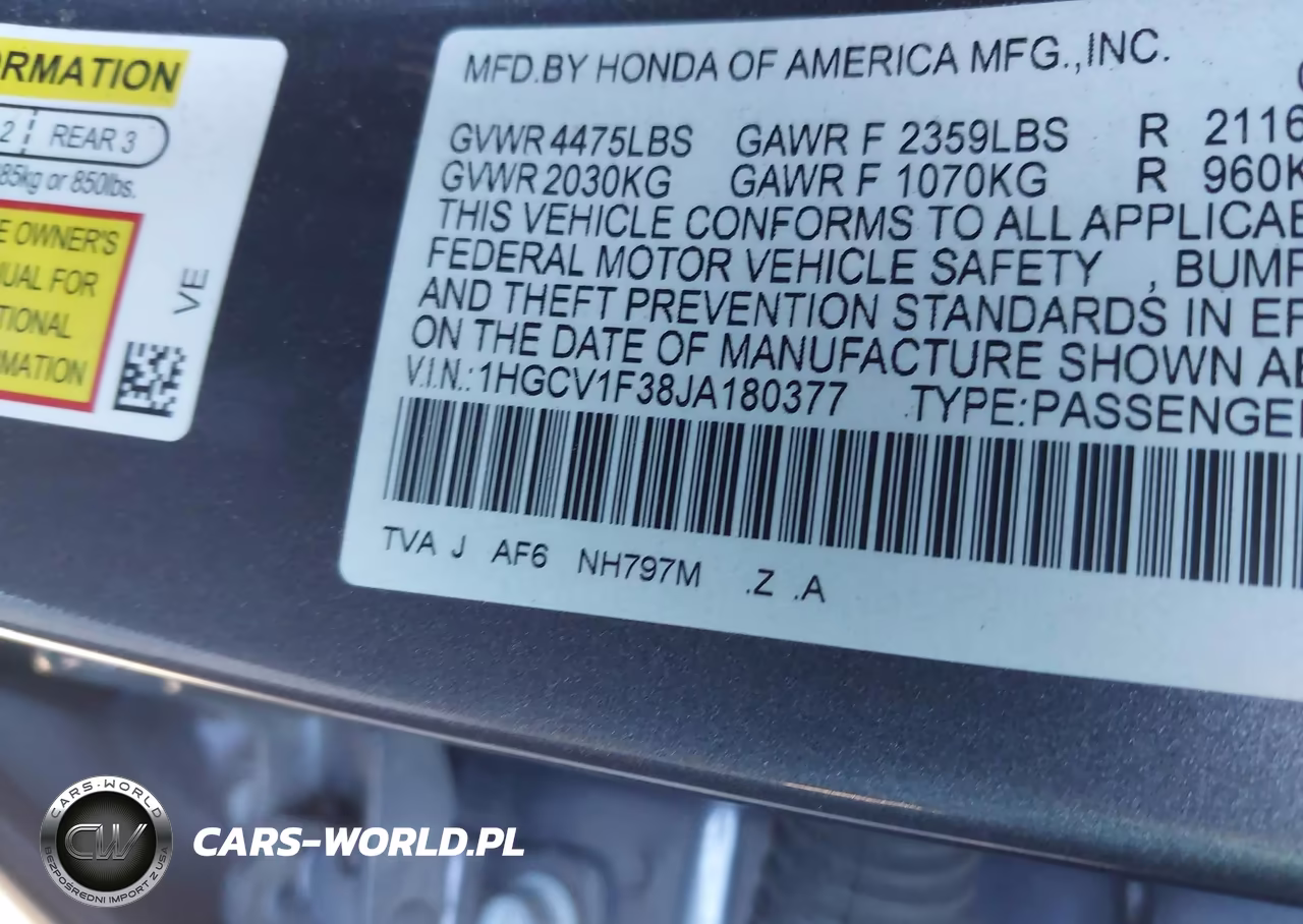 2018 Honda Accord Sport VIN:1HGCV1F38JA180377 - 9