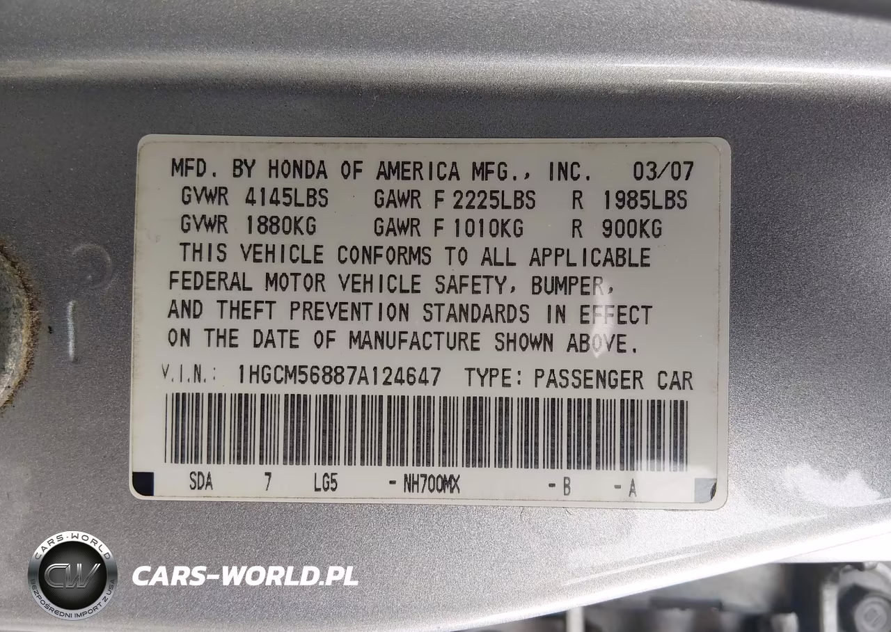 2007 Honda Accord 2.4 Ex VIN:1HGCM56887A124647 - 9