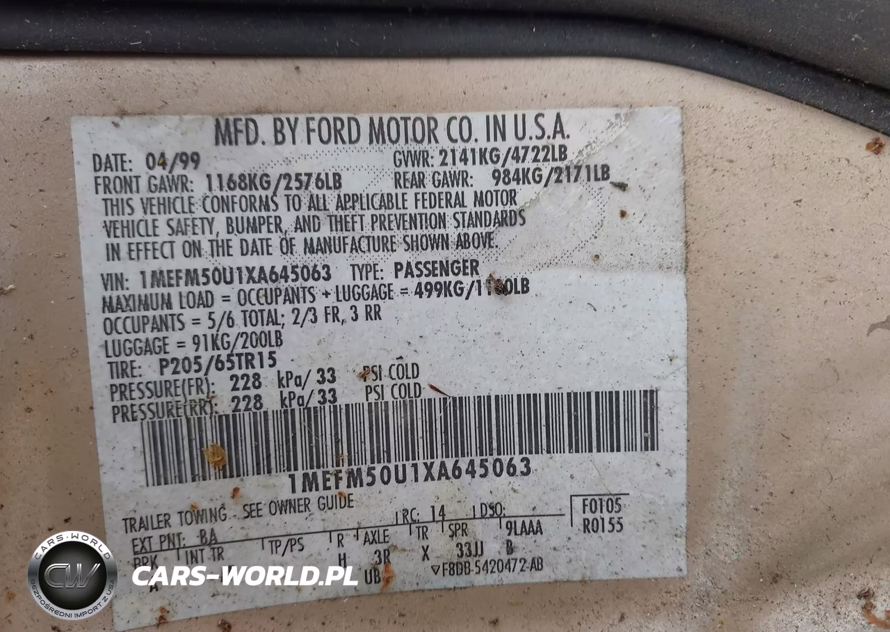 1999 Mercury Sable Gs VIN:1MEFM50U1XA645063 - 9