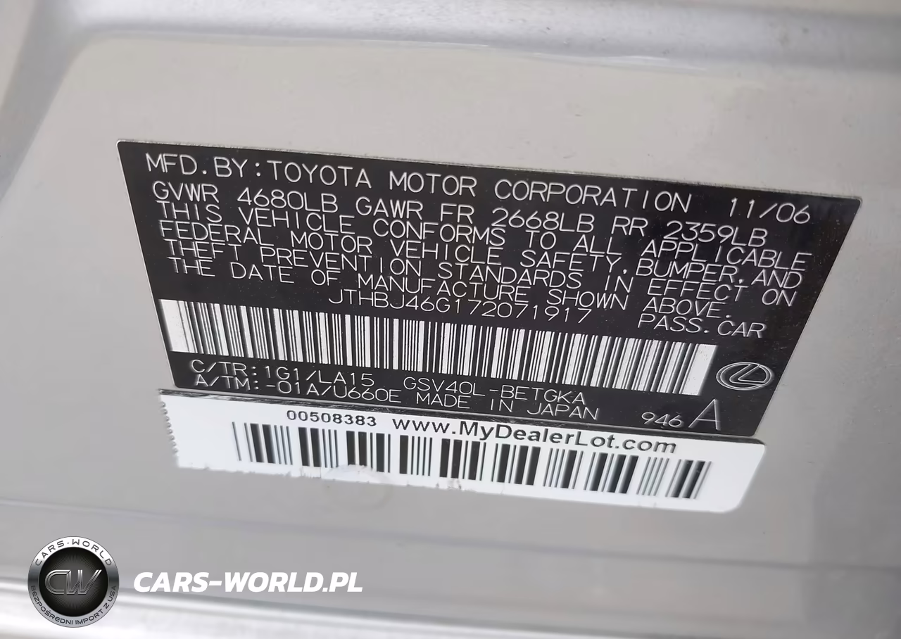 2007 Lexus Es 350 VIN:JTHBJ46G172071917 - 9