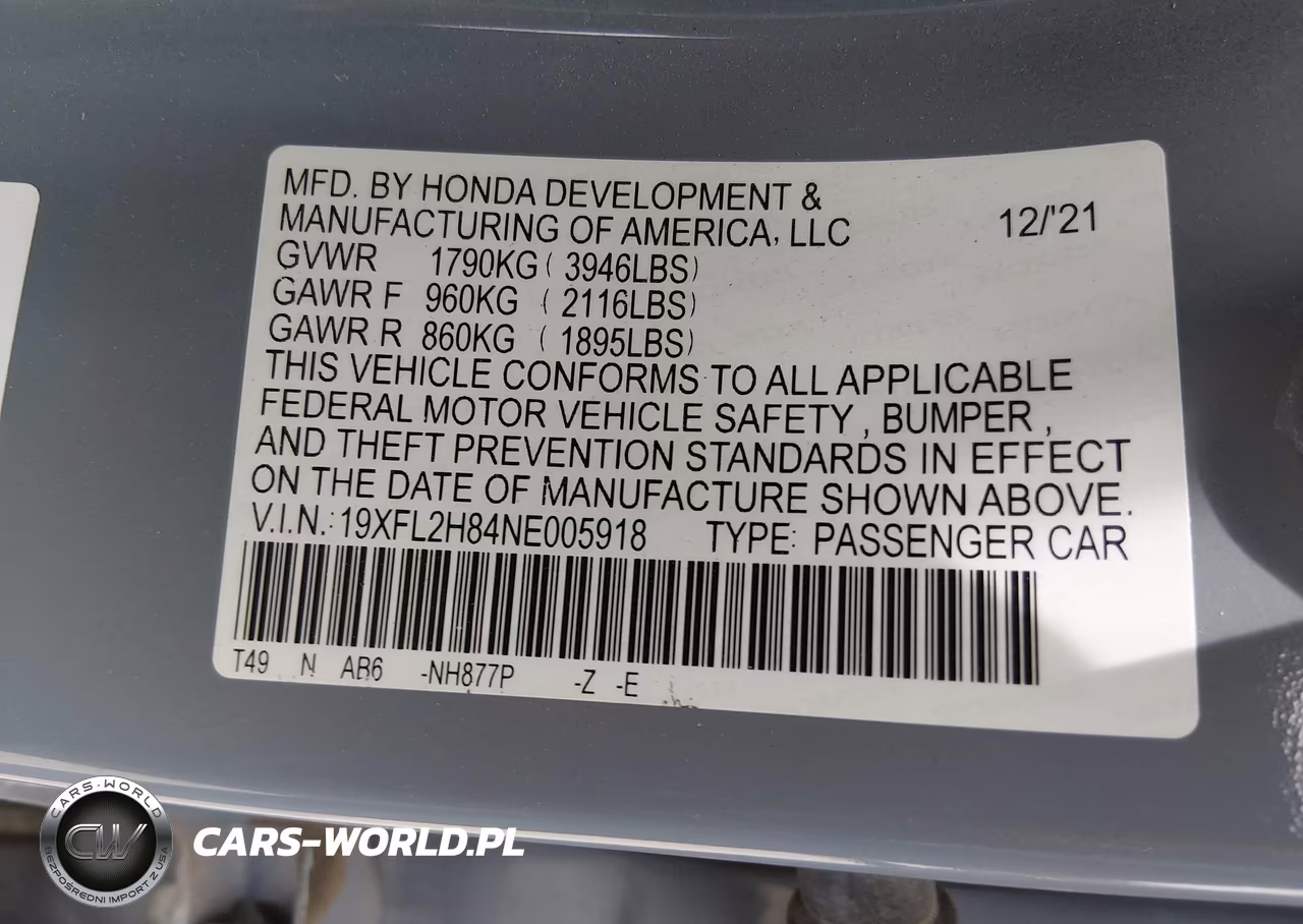 2022 Honda Civic Sport VIN:19XFL2H84NE005918 - 9