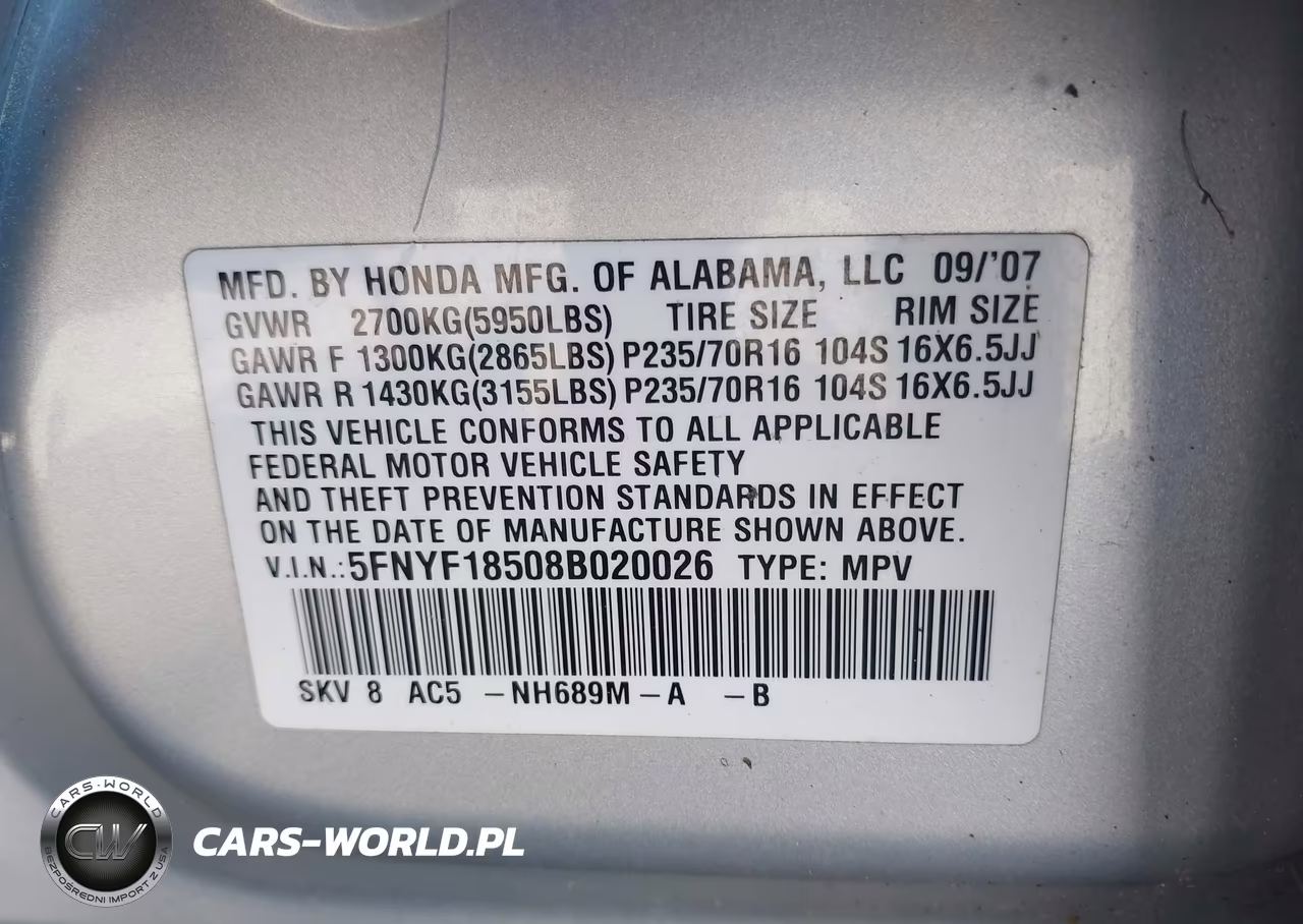 2008 Honda Pilot Ex-L VIN:5FNYF18508B020026 - 9