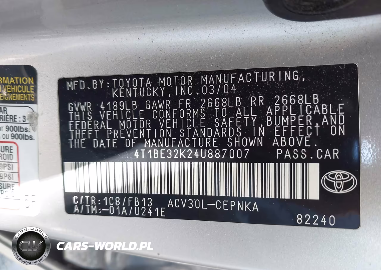 2004 Toyota Camry Le VIN:4T1BE32K24U887007 - 9