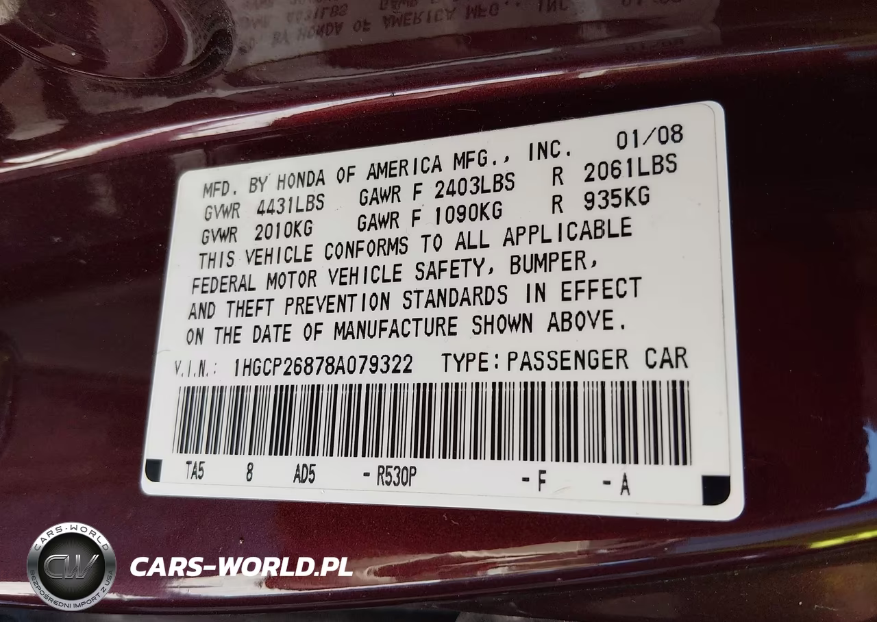 HONDA ACCORD EXL VIN:1HGCP26878A079322 - 9