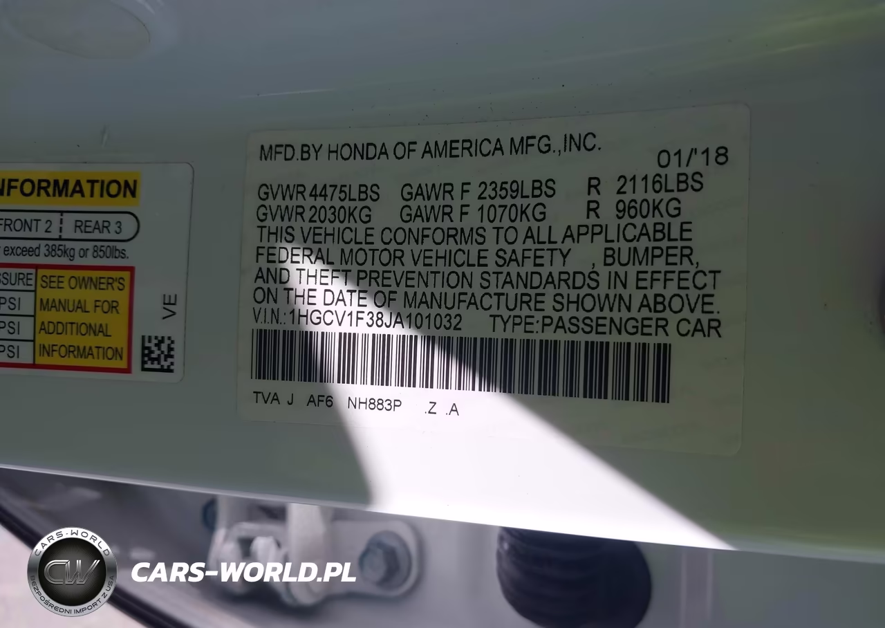 2018 Honda Accord Sport VIN:1HGCV1F38JA101032 - 9