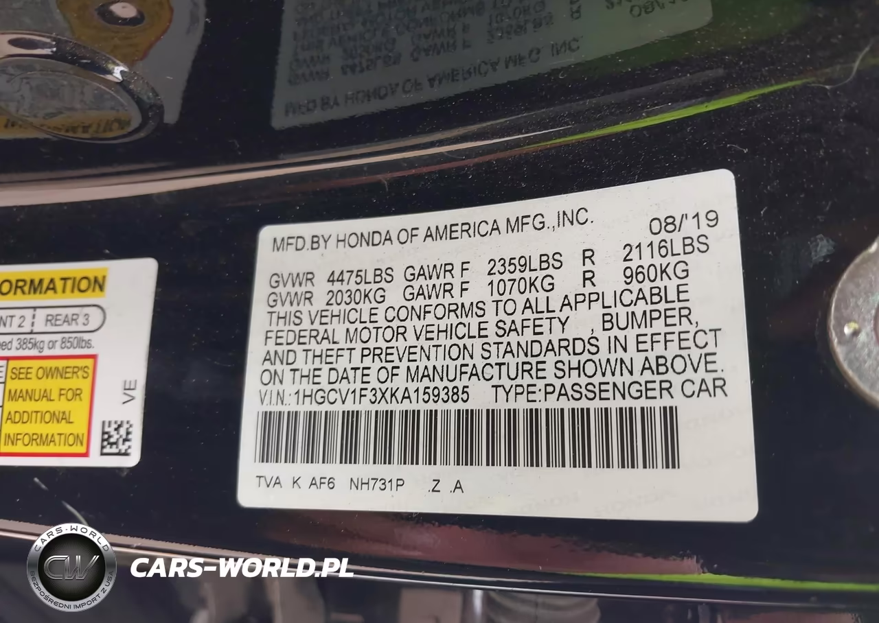 2019 Honda Accord Sport VIN:1HGCV1F3XKA159385 - 9