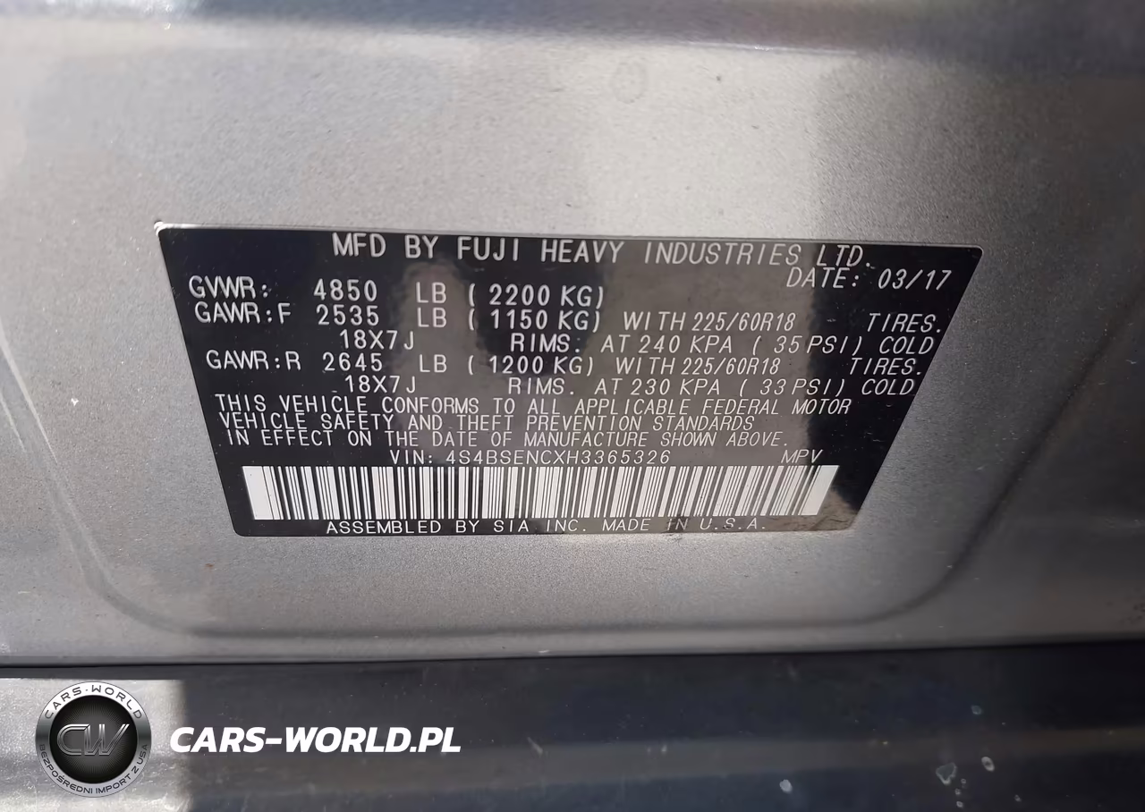 2017 Subaru Outback 3.6R Limited VIN:4S4BSENCXH3365326 - 9
