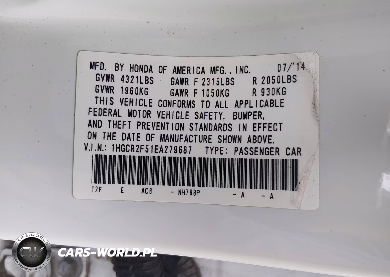 2014 Honda Accord Sport VIN:1HGCR2F51EA279687 - 9
