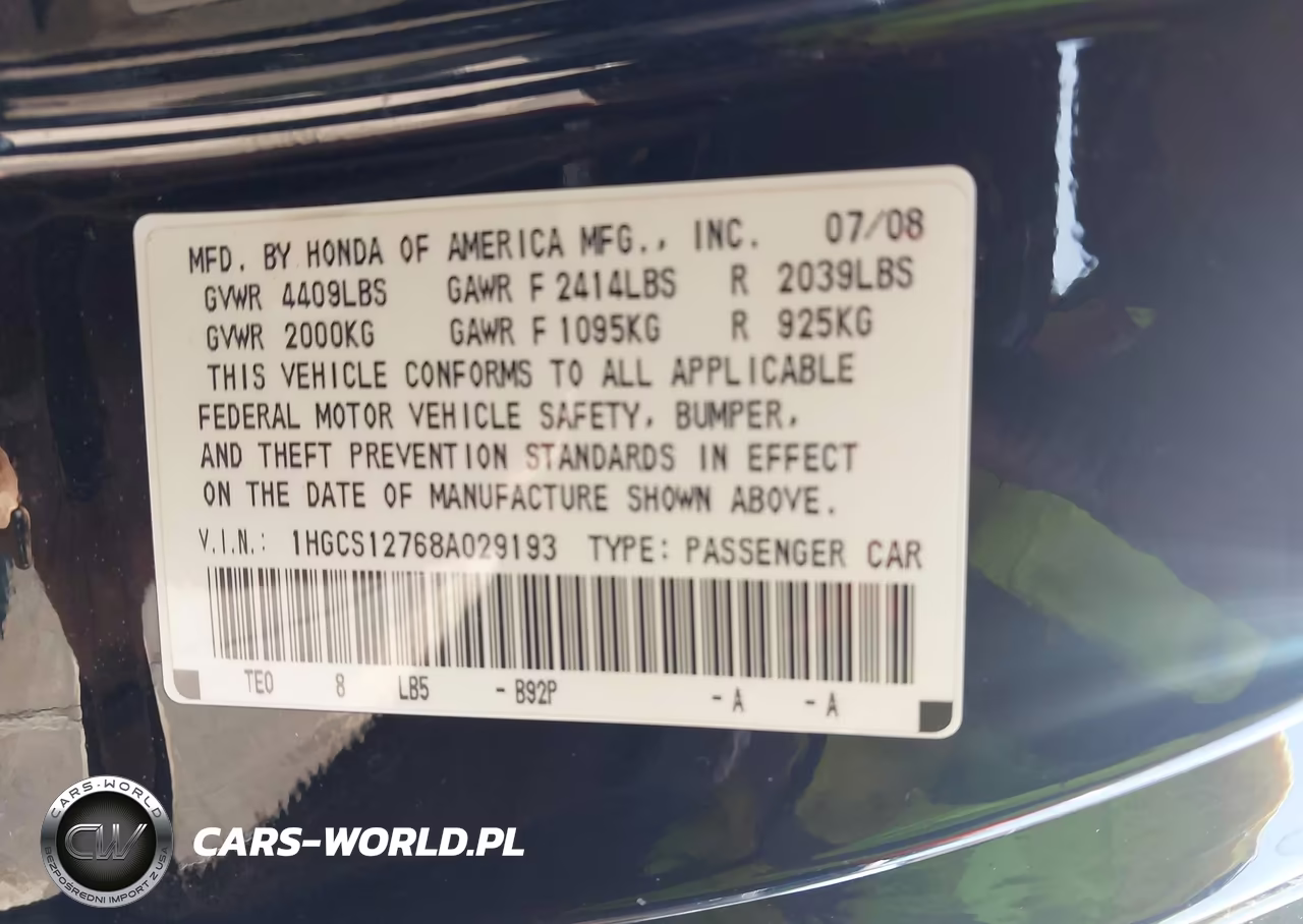2008 Honda Accord 2.4 Ex VIN:1HGCS12768A029193 - 9