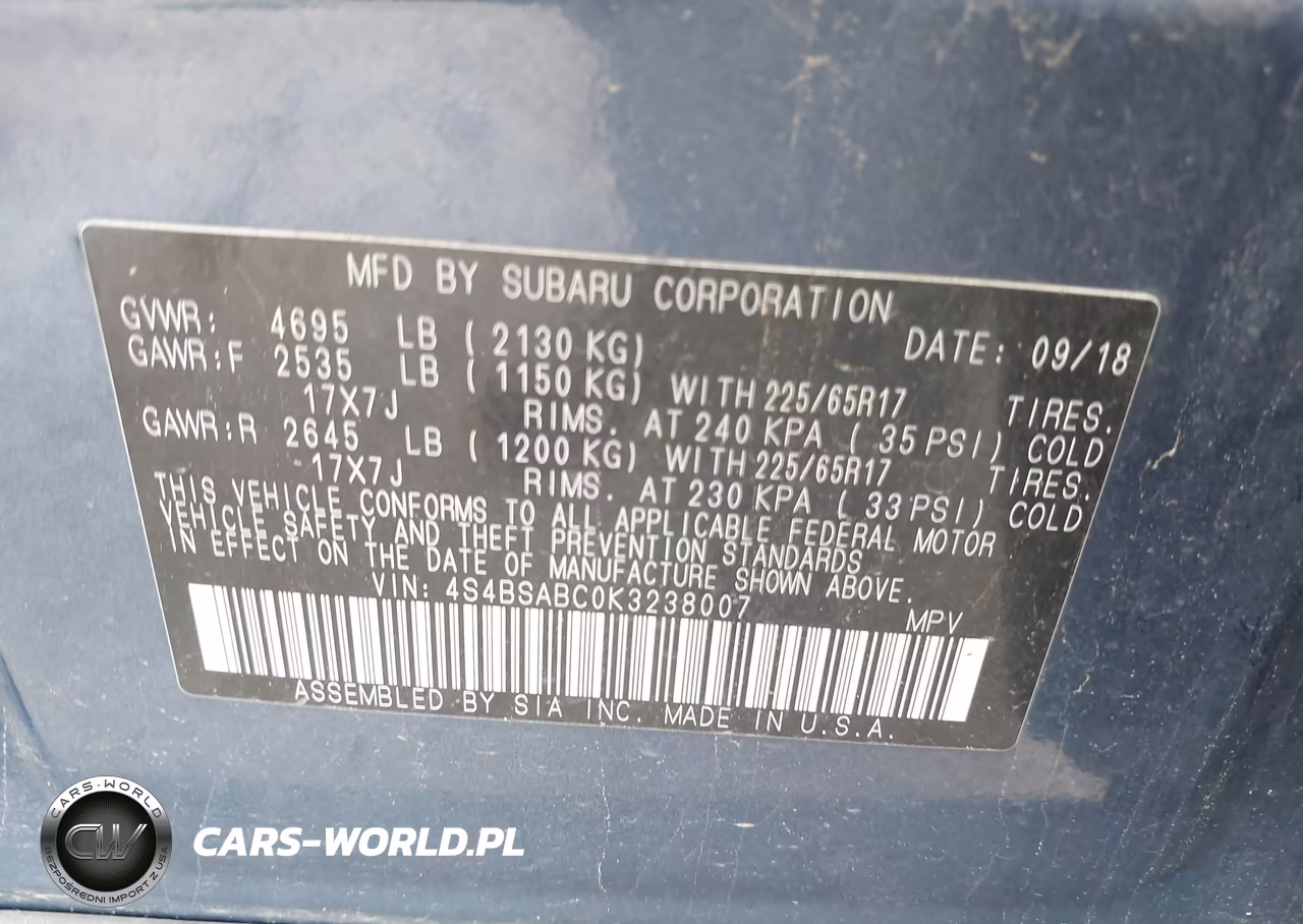 2019 Subaru Outback 2.5I VIN:4S4BSABC0K3238007 - 9