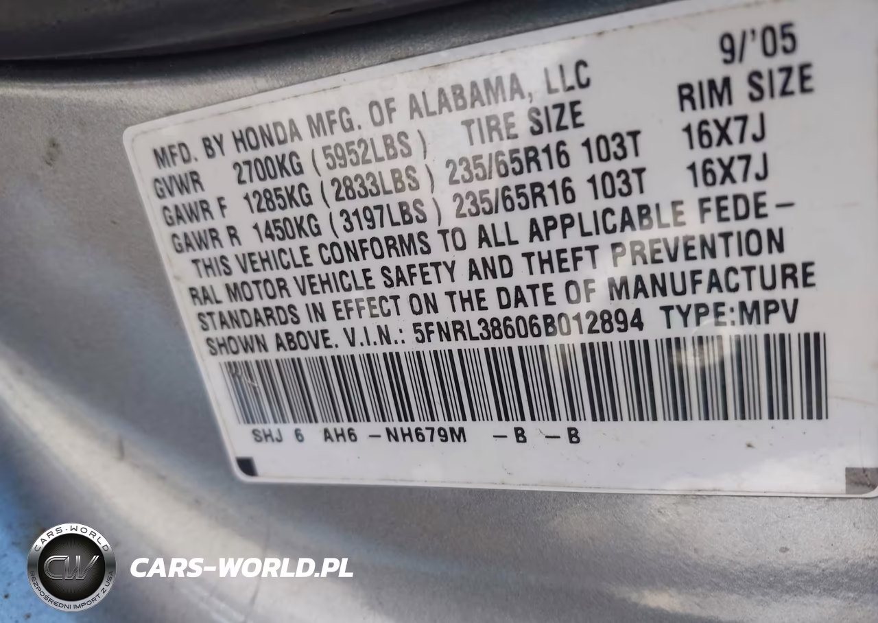 2006 Honda Odyssey Ex-L VIN:5FNRL38606B012894 - 9