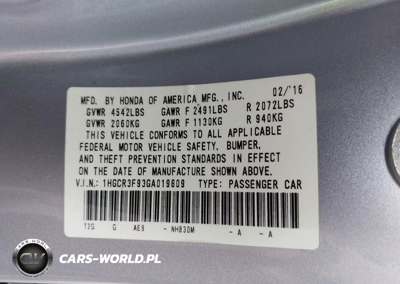 2016 Honda Accord Touring VIN:1HGCR3F93GA019609 - 9