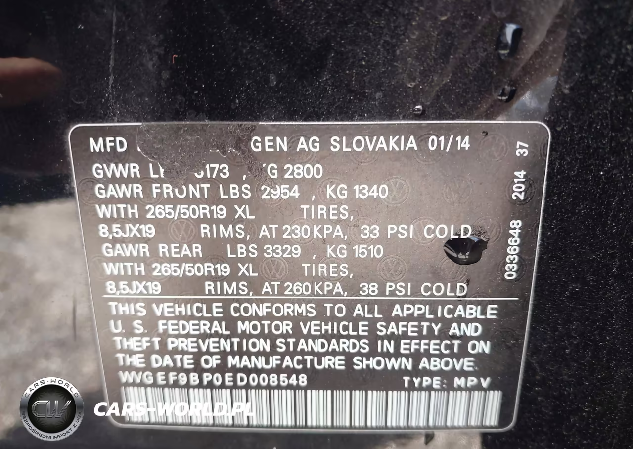 2014 Volkswagen Touareg 3.6L Lux VIN:WVGEF9BP0ED008548 - 9