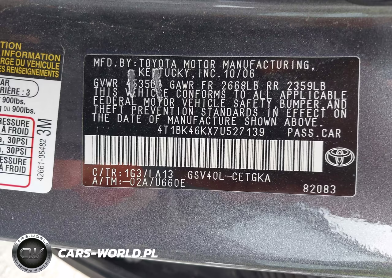 2007 Toyota Camry Xle V6 VIN:4T1BK46KX7U527139 - 9