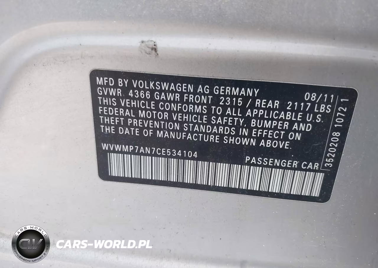 2012 Volkswagen Cc Sport VIN:WVWMP7AN7CE534104 - 9