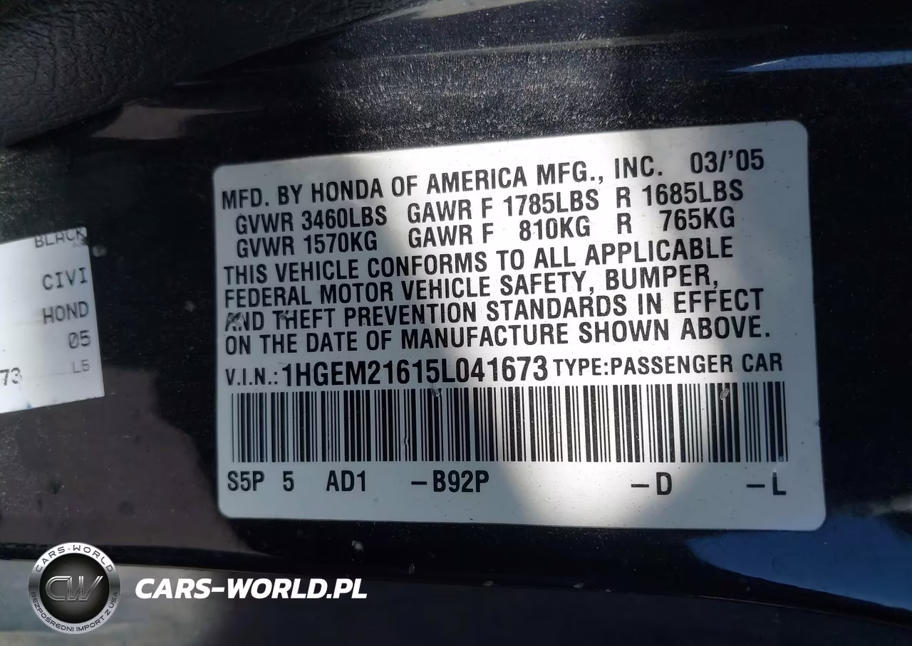 2005 Honda Civic Lx VIN:1HGEM21615L041673 - 9