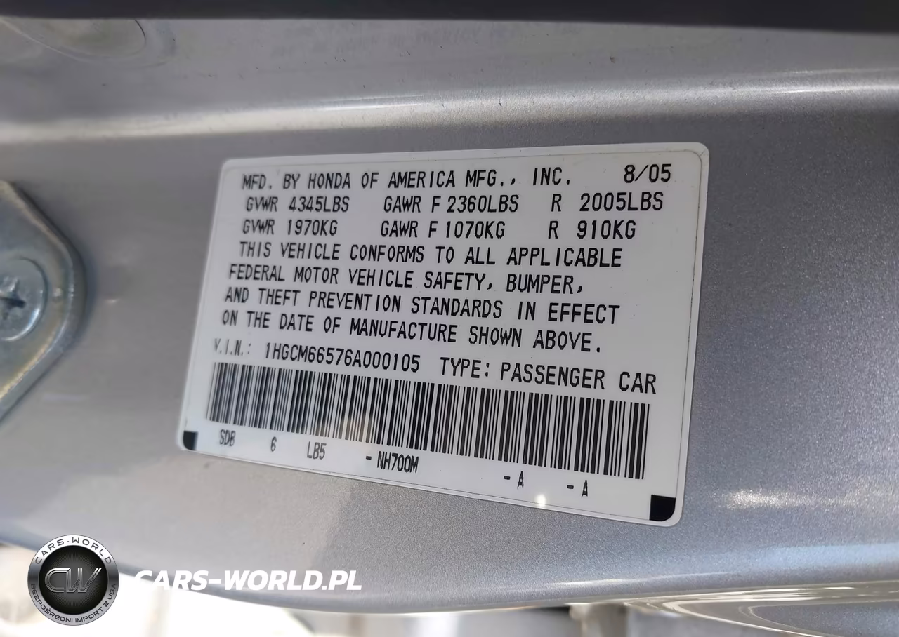 2006 Honda Accord 3.0 Ex VIN:1HGCM66576A000105 - 9
