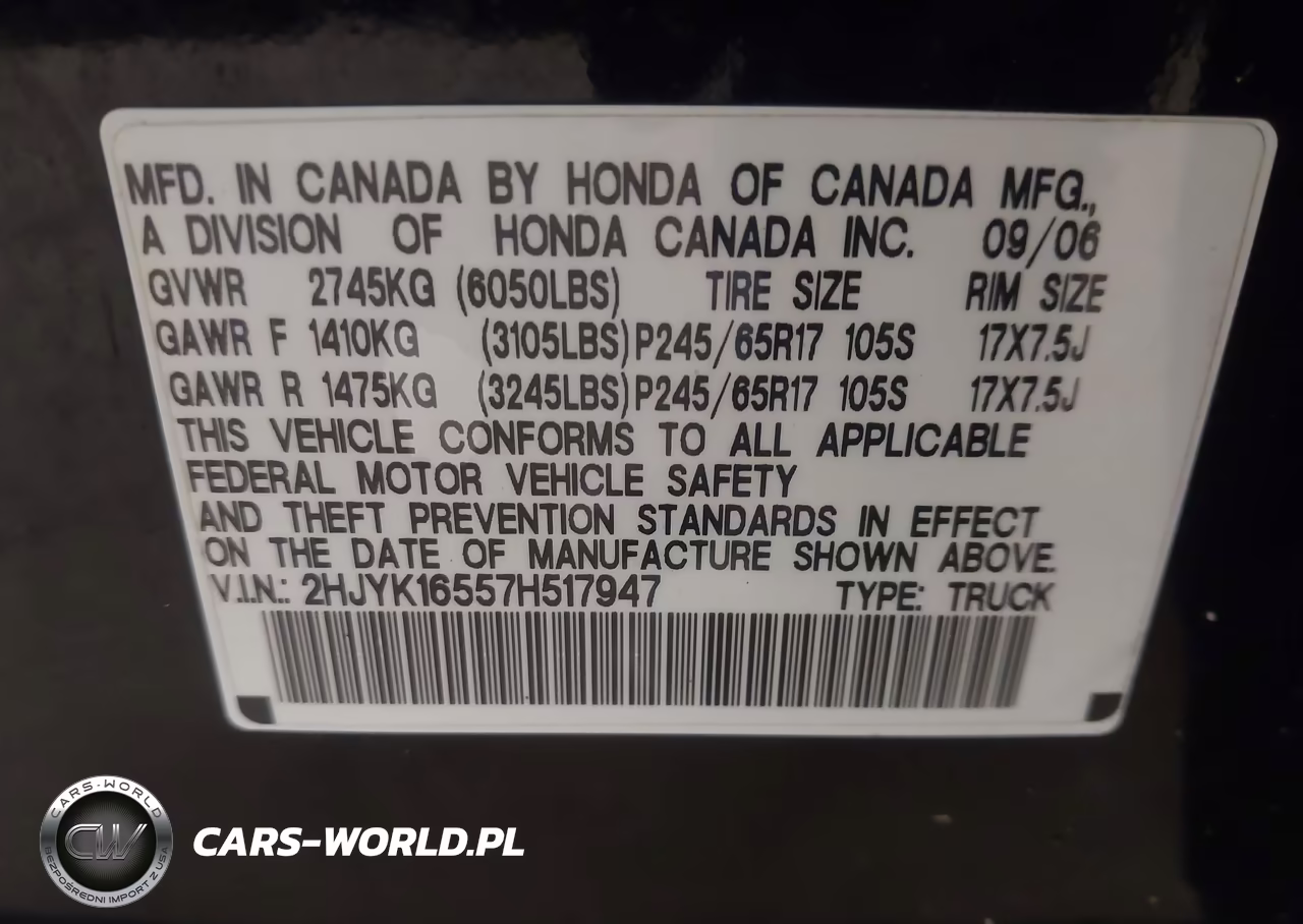 2007 Honda Ridgeline Rtl VIN:2HJYK16557H517947 - 9