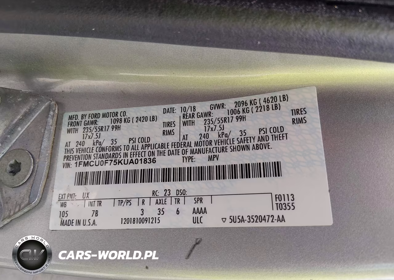 2019 Ford Escape S VIN:1FMCU0F75KUA01836 - 9