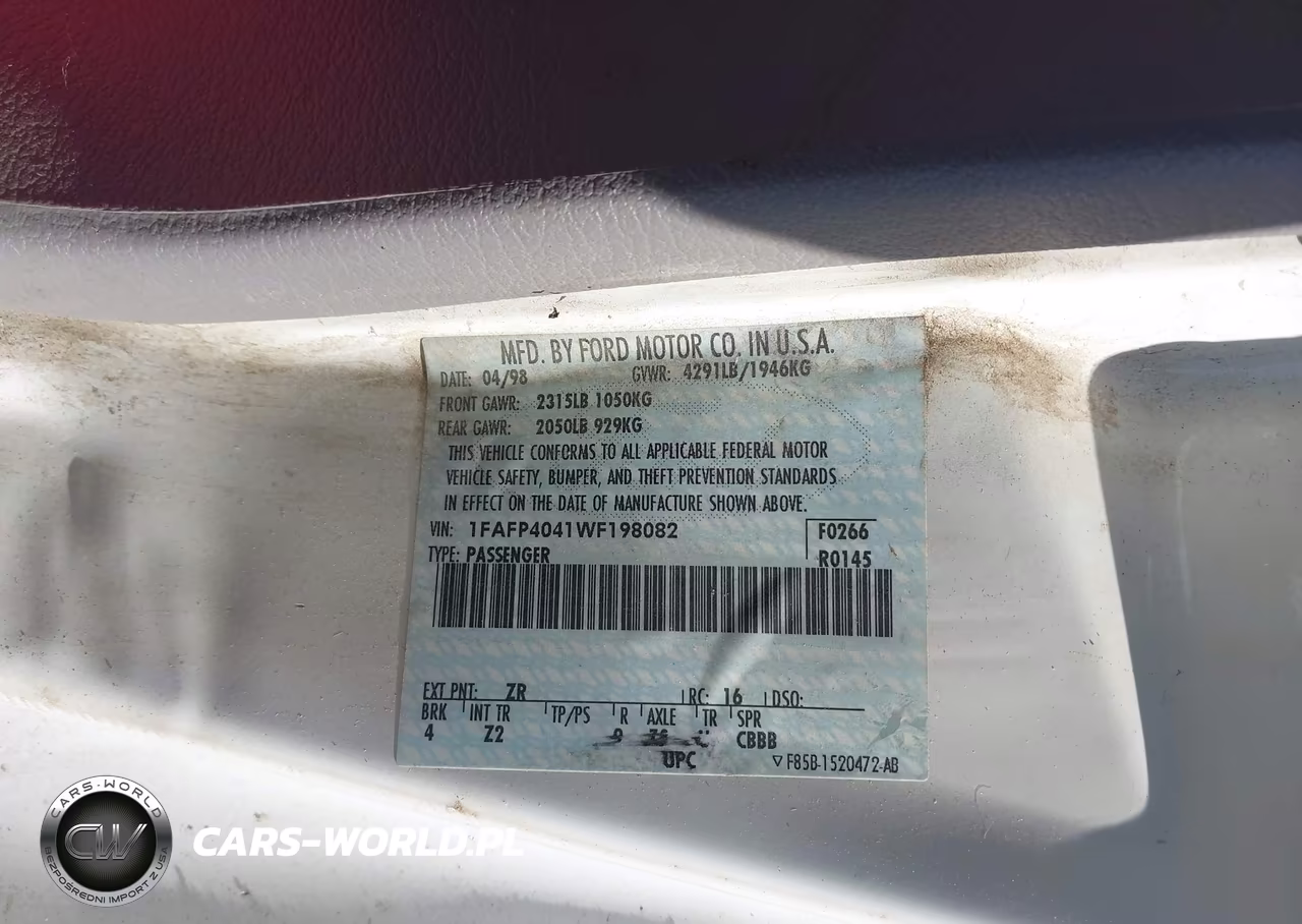 1998 Ford Mustang VIN:1FAFP4041WF198082 - 9