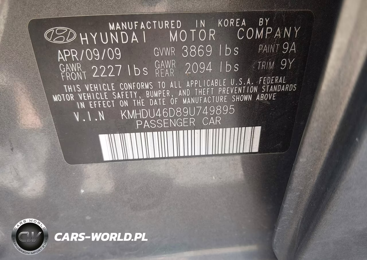 2009 Hyundai Elantra Gls VIN:KMHDU46D89U749895 - 9