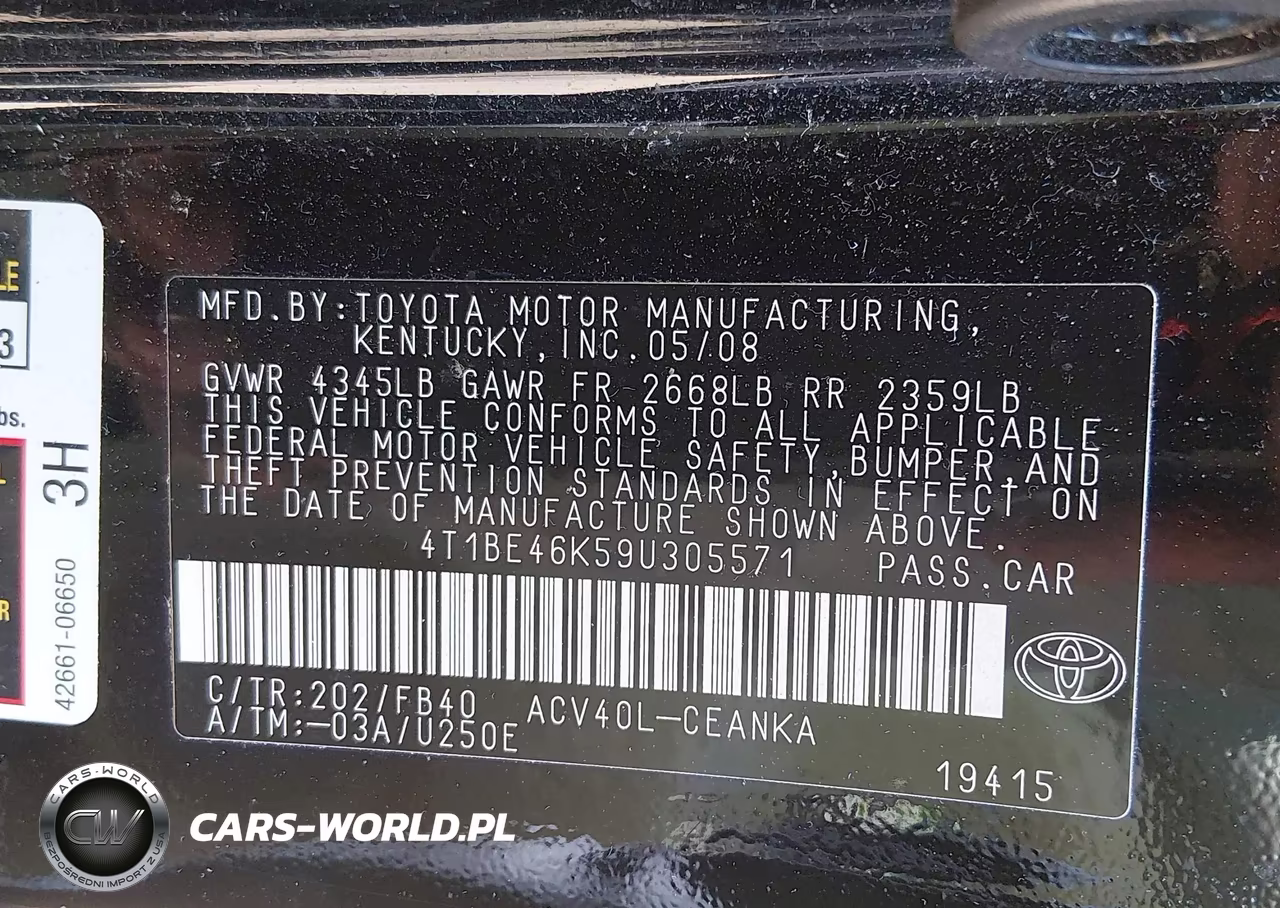 2009 Toyota Camry Le VIN:4T1BE46K59U305571 - 9