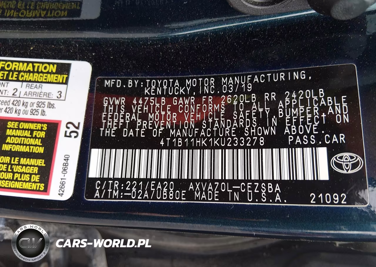 2019 Toyota Camry Se VIN:4T1B11HK1KU233278 - 9