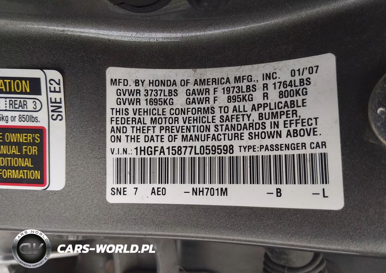 2007 Honda Civic Ex VIN:1HGFA15877L059598 - 9