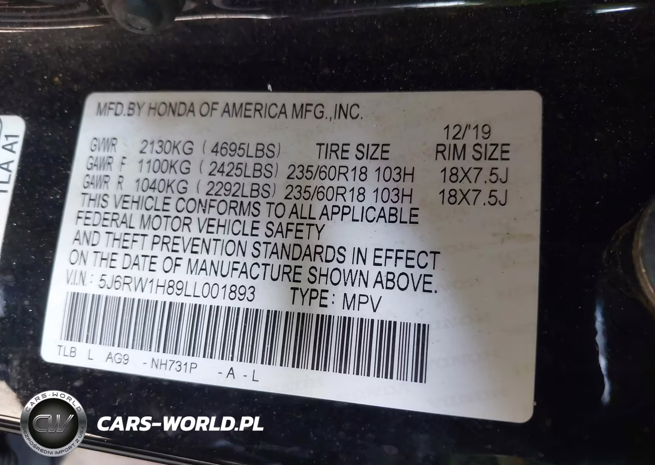 2020 Honda Cr-V 2Wd Ex-L VIN:5J6RW1H89LL001893 - 9