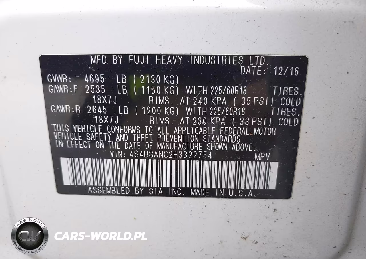 2017 Subaru Outback 2.5I Limited VIN:4S4BSANC2H3322754 - 9